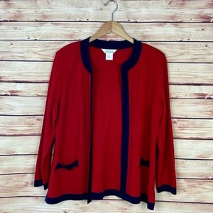 Exclusively Misook Open Front Cardigan Sweater Red Navy Blue Large Long Sleeve